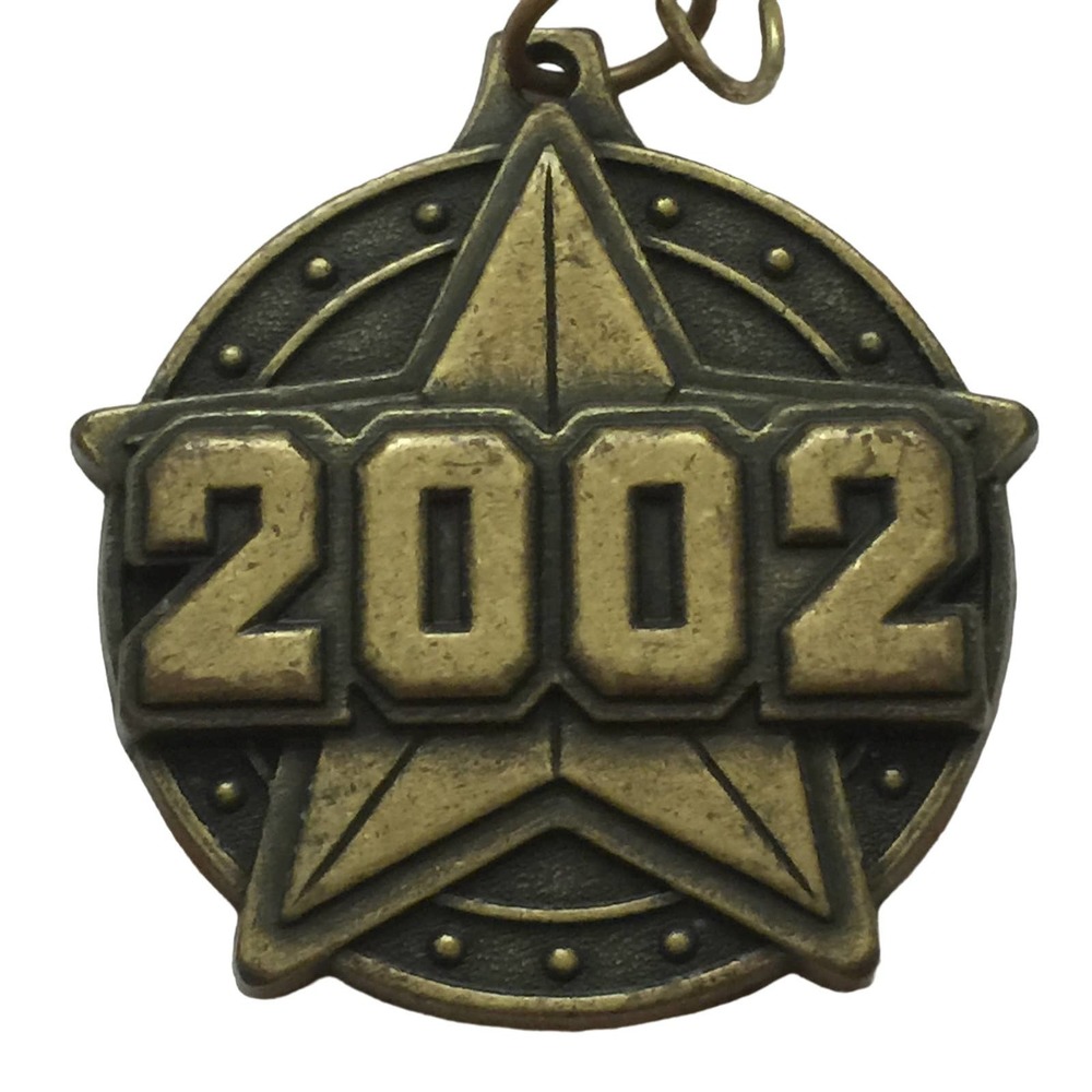 2002 Soccer Star Cut Medal Gold Tone Metal Ribbon Made in USA Crown Trophy